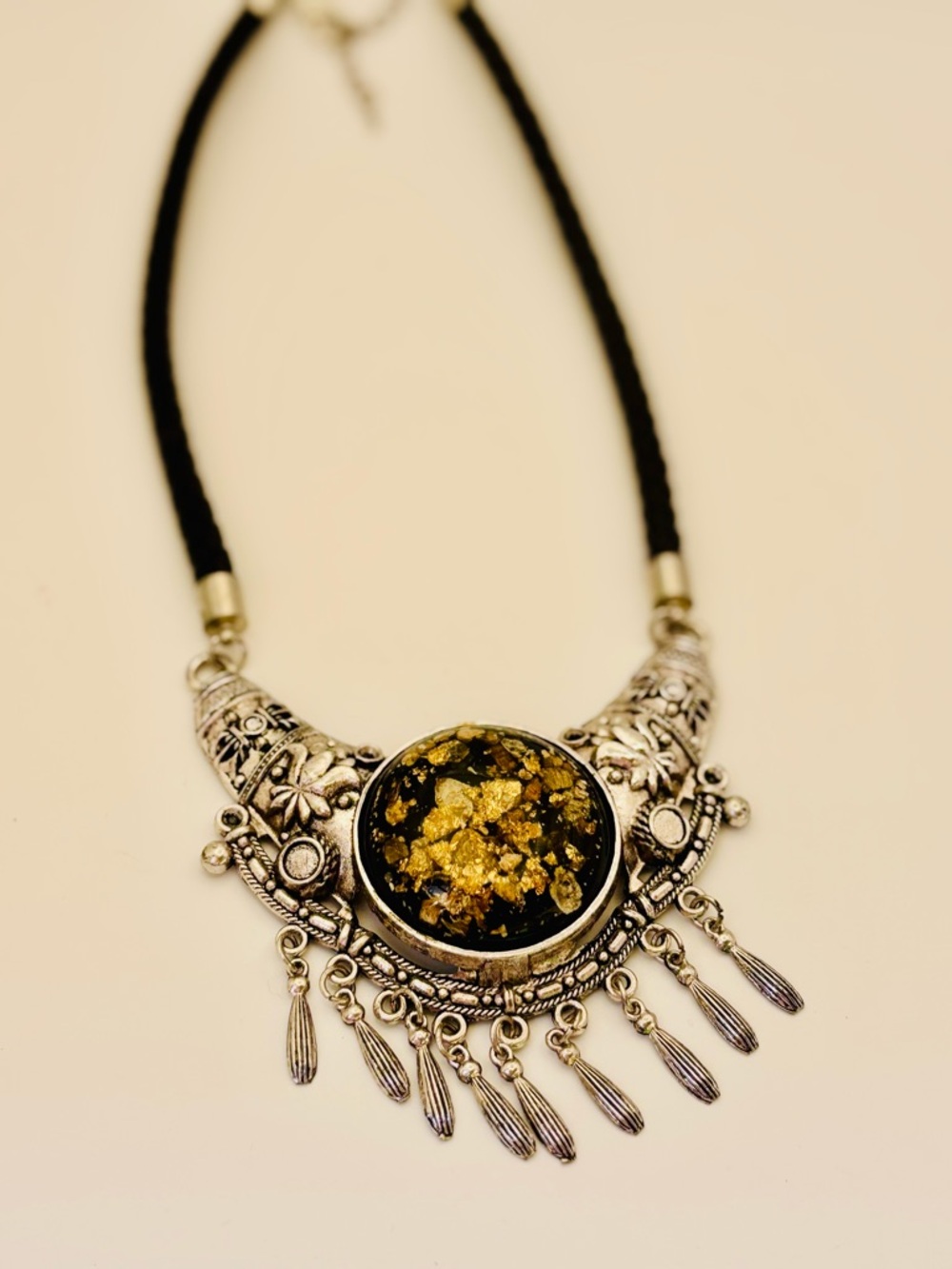 Statement Goth Necklace – Gold Leaf Resin, Genuine Leather Cord, Lightweight